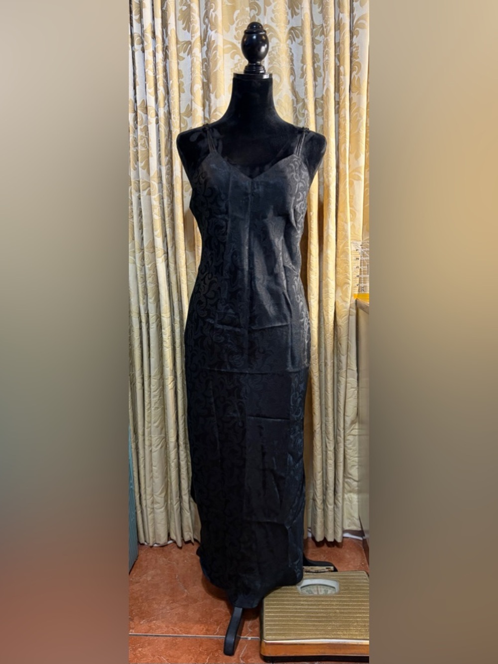 VTG 90s Cabernet Black Jacquard Maxi Nightgown Hollywood Regency Slip Dress S